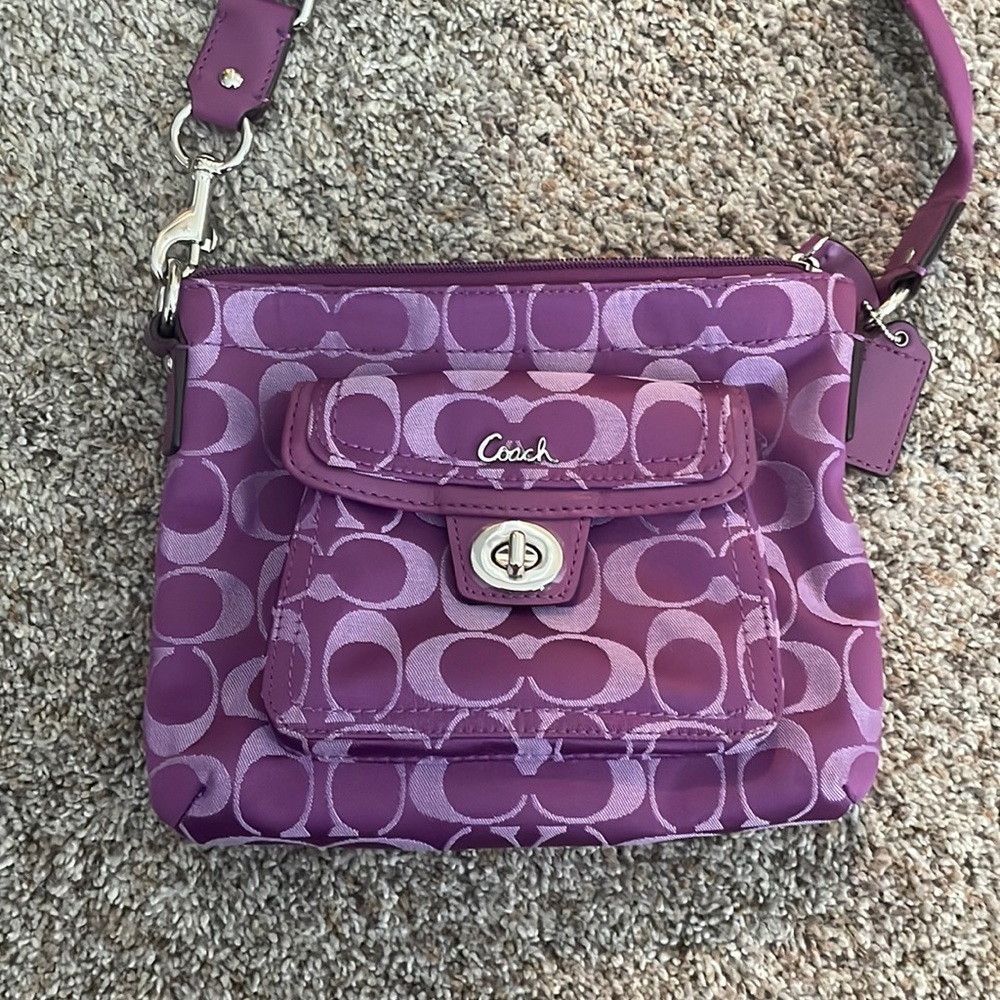 Purple Coach Purse - cross-body with silver metal detail